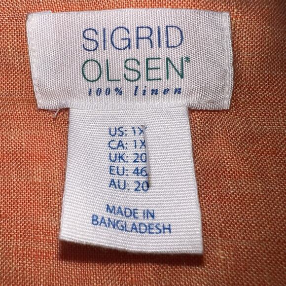 Sigrid Olsen Shirt Womens Plus Size 1X Coral Orange Linen Roll-Tab Sleeve Button - Picture 6 of 15